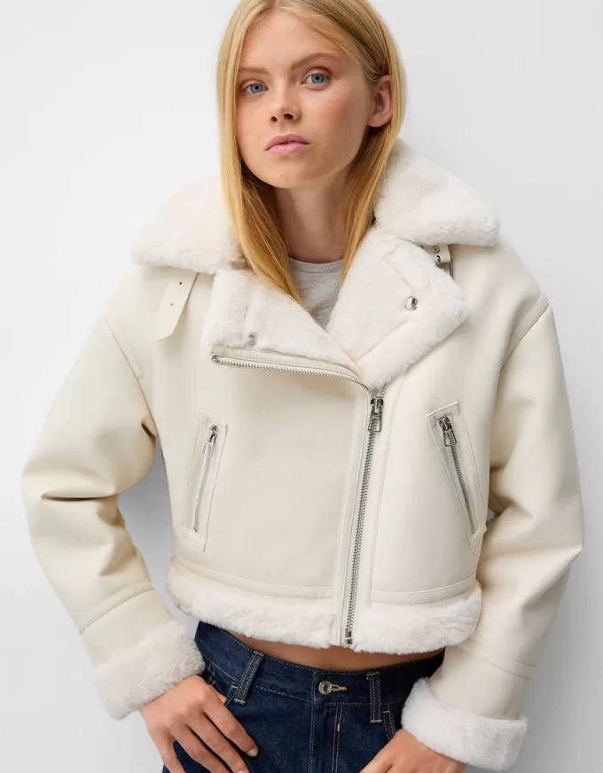 Chaqueta biker de borreguito sintético Off white