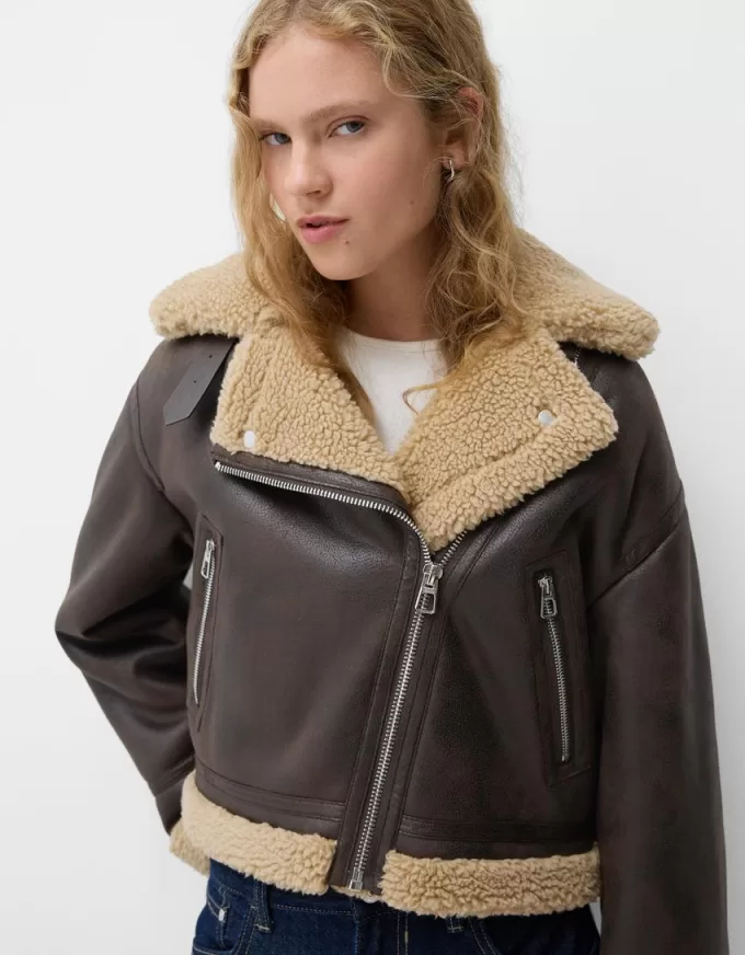 Chaqueta biker de borreguito sintético Brown