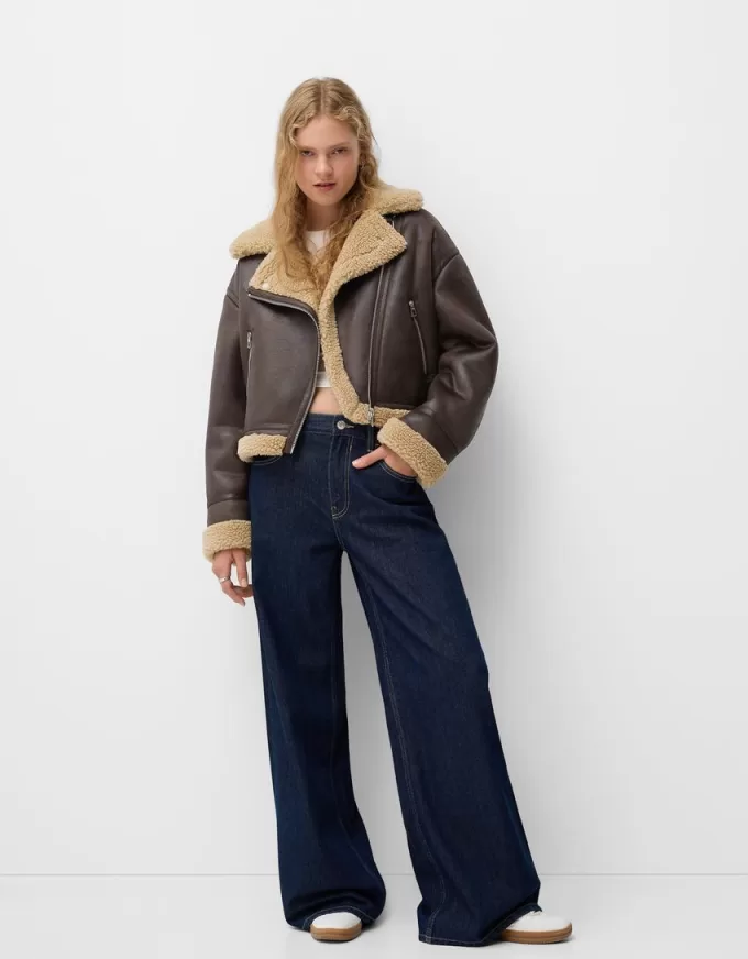 Chaqueta biker de borreguito sintético Brown