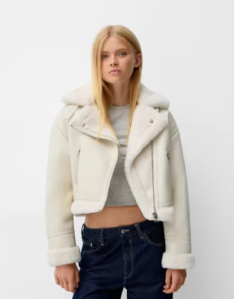 Chaqueta biker de borreguito sintético Off white