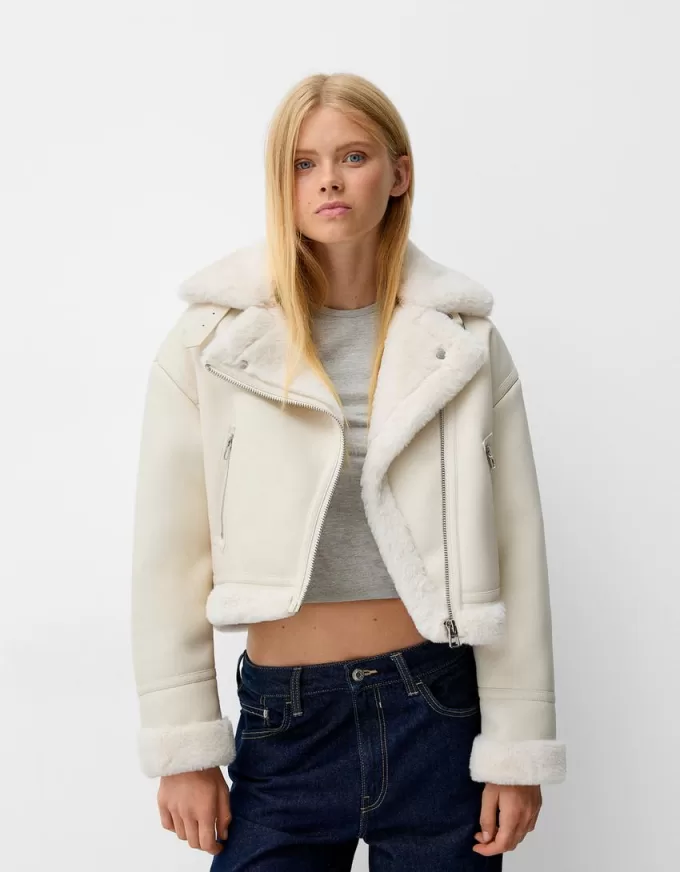 Chaqueta biker de borreguito sintético Off white