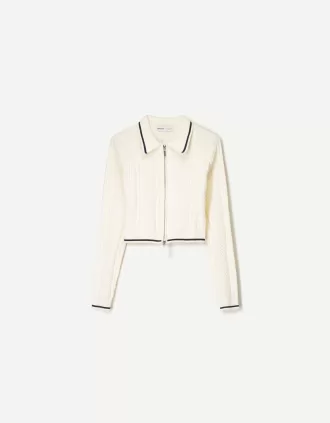 Chaqueta con cremallera y cuello polo de punto trenzado Cream