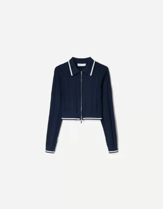 Chaqueta con cremallera y cuello polo de punto trenzado Blue
