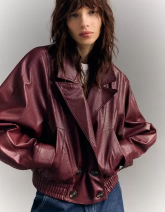 Chaqueta cruzada efecto piel Burgundy