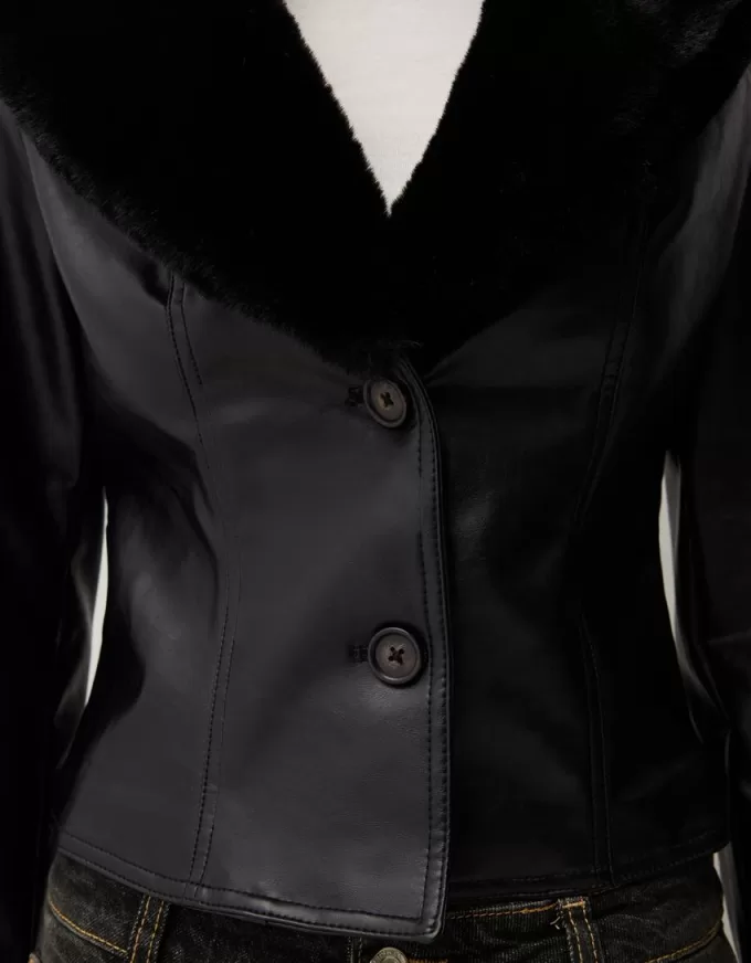 Chaqueta entallada efecto piel con cuello de material sudadera Black