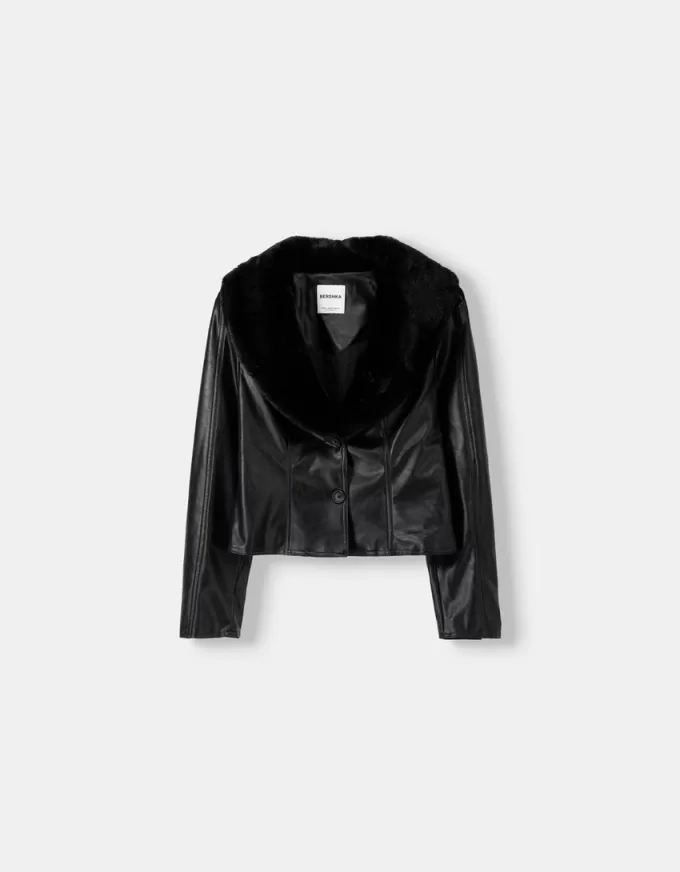 Chaqueta entallada efecto piel con cuello de material sudadera Black