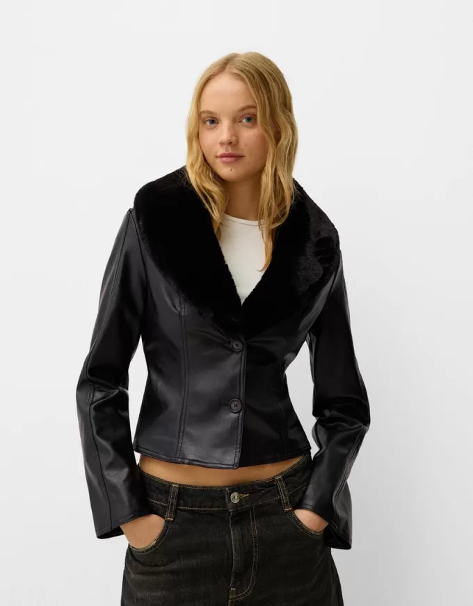 Chaqueta entallada efecto piel con cuello de material sudadera Black