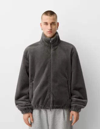 Chaqueta pelo sintético cuello alto con cremallera Dark grey
