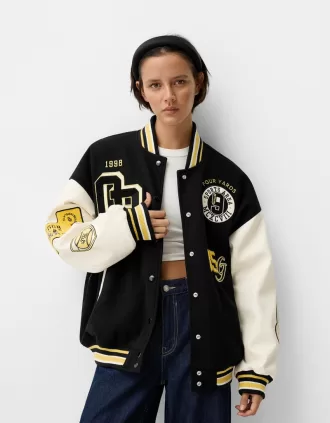 Chaqueta universitaria con mangas en contraste Black
