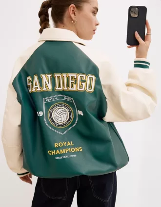 Chaqueta universitaria de piel sintética Green