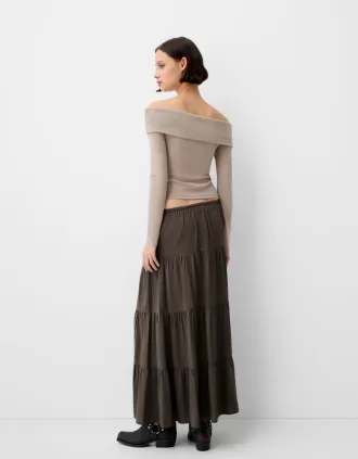 Falda midi con cintura elástica Brown