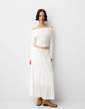 Falda midi con cintura elástica White