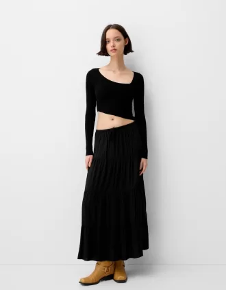 Falda midi con cintura elástica Black