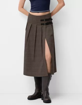 Falda midi con pliegues y detalle de cinturón Brown