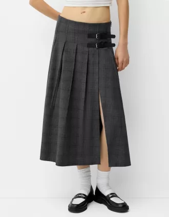 Falda midi con pliegues y detalle de cinturón Grey