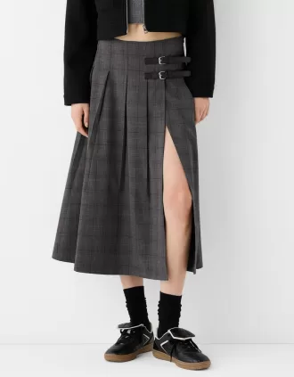 Falda midi con pliegues y detalle de cinturón Grey