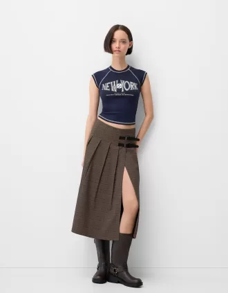 Falda midi con pliegues y detalle de cinturón Brown