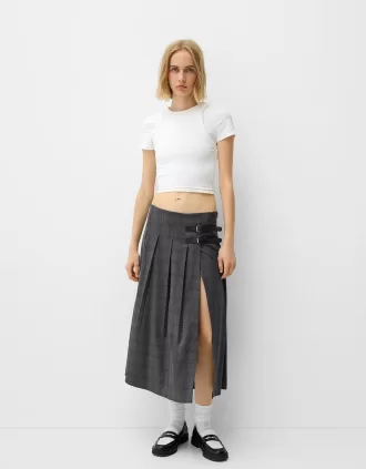 Falda midi con pliegues y detalle de cinturón Grey