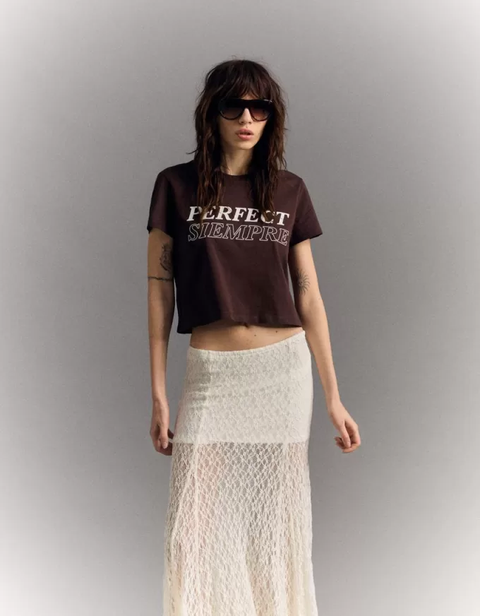 Falda midi de encaje Off white