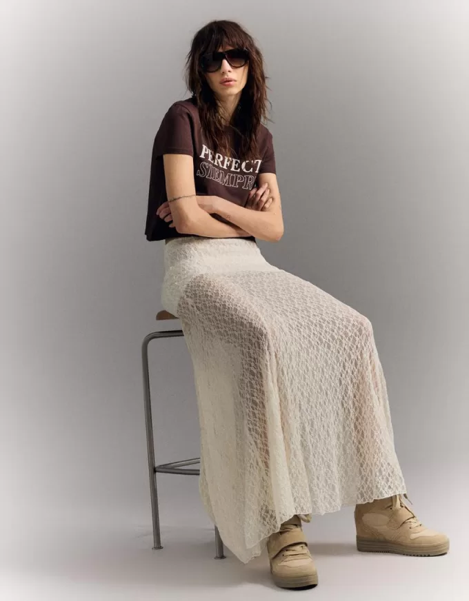 Falda midi de encaje Off white