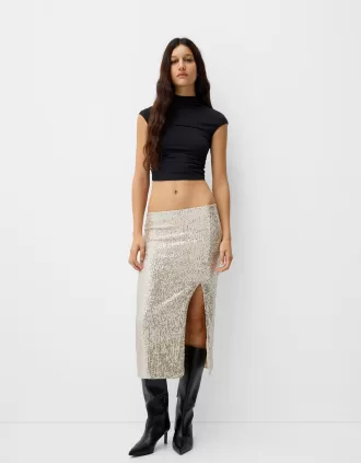 Falda midi de lentejuelas Silver