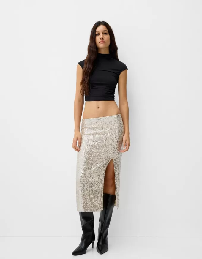Falda midi de lentejuelas Silver