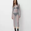 Falda midi de malla brillante Silver