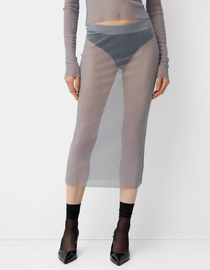 Falda midi de malla brillante Silver