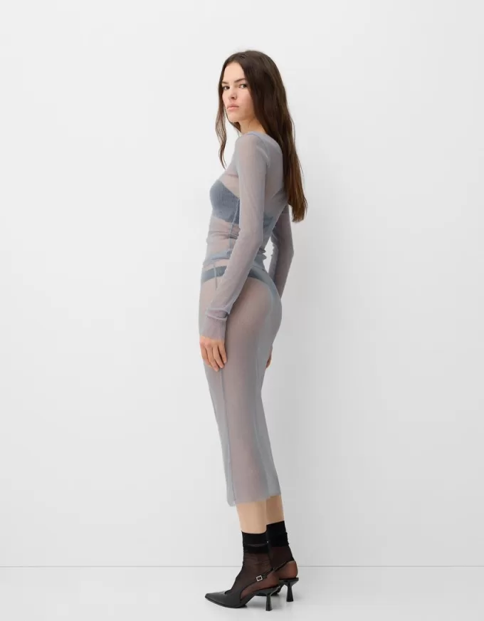 Falda midi de malla brillante Silver