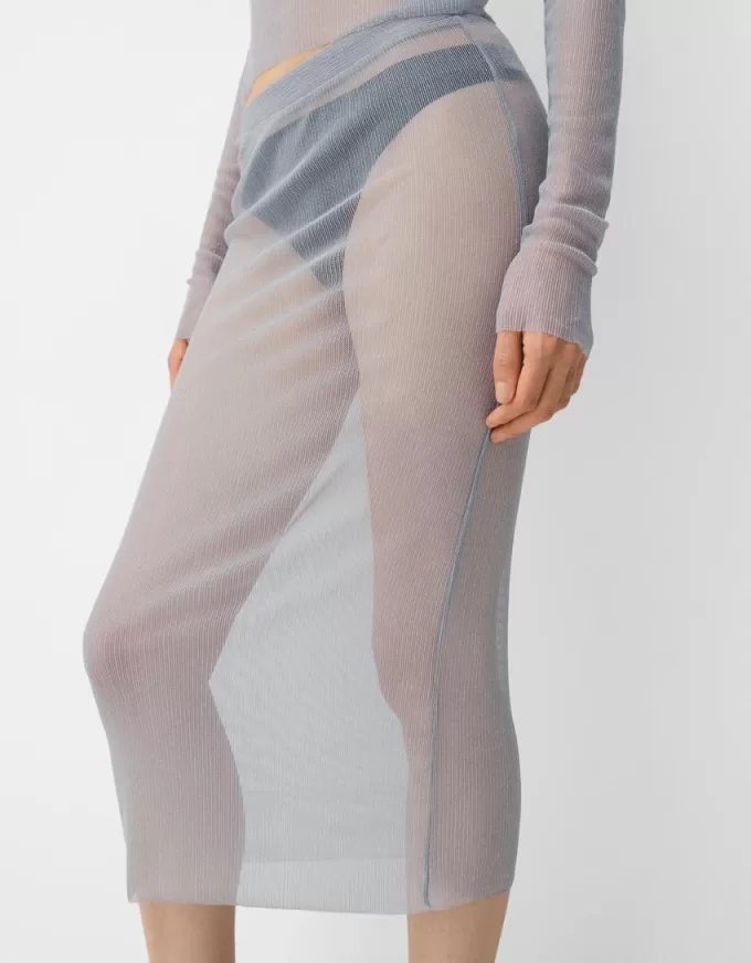 Falda midi de malla brillante Silver