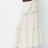 Falda midi de mezcla de lino con cinturilla elástica Cream