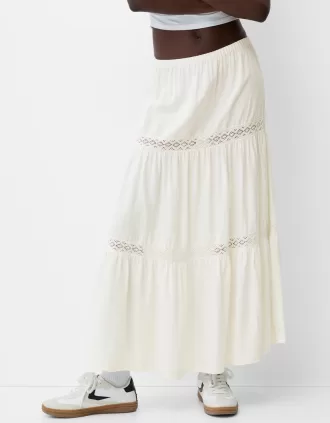 Falda midi de mezcla de lino con cinturilla elástica Cream