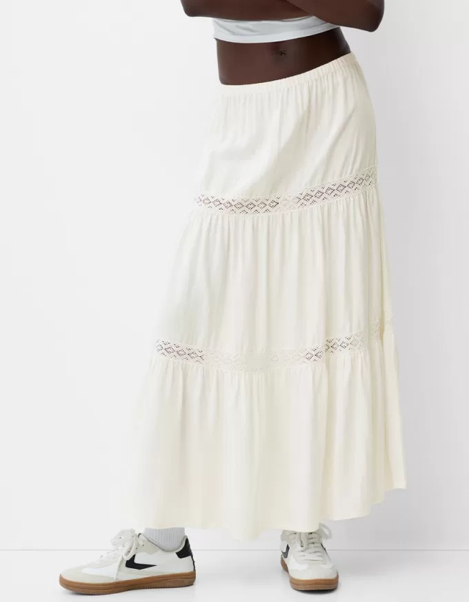 Falda midi de mezcla de lino con cinturilla elástica Cream