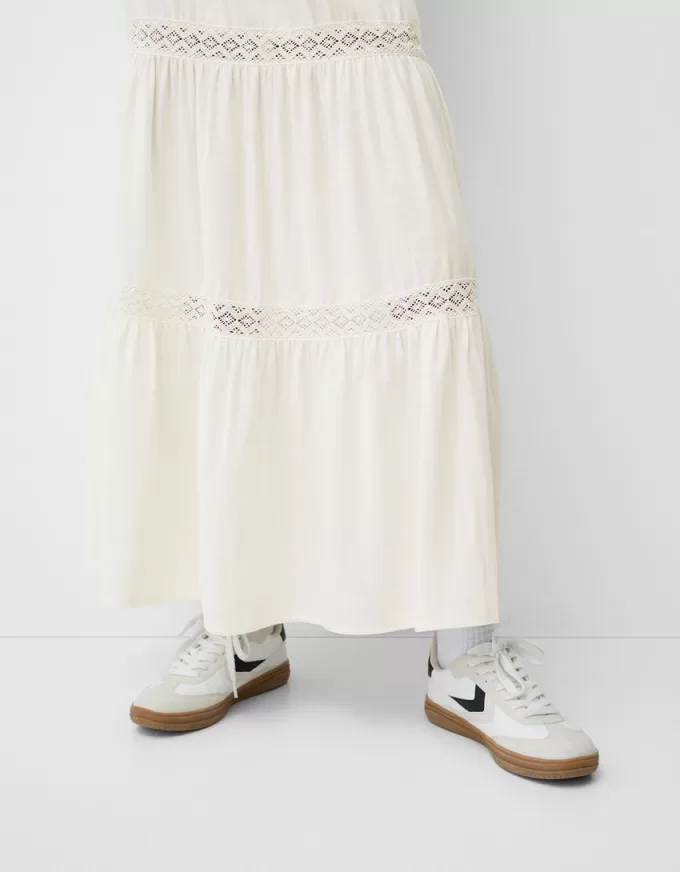 Falda midi de mezcla de lino con cinturilla elástica Cream