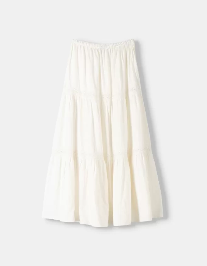 Falda midi de mezcla de lino con cinturilla elástica Cream