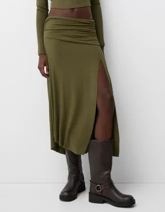 Falda midi de punto grueso Khaki