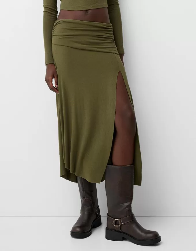 Falda midi de punto grueso Khaki