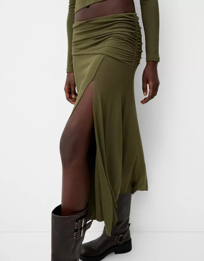 Falda midi de punto grueso Khaki
