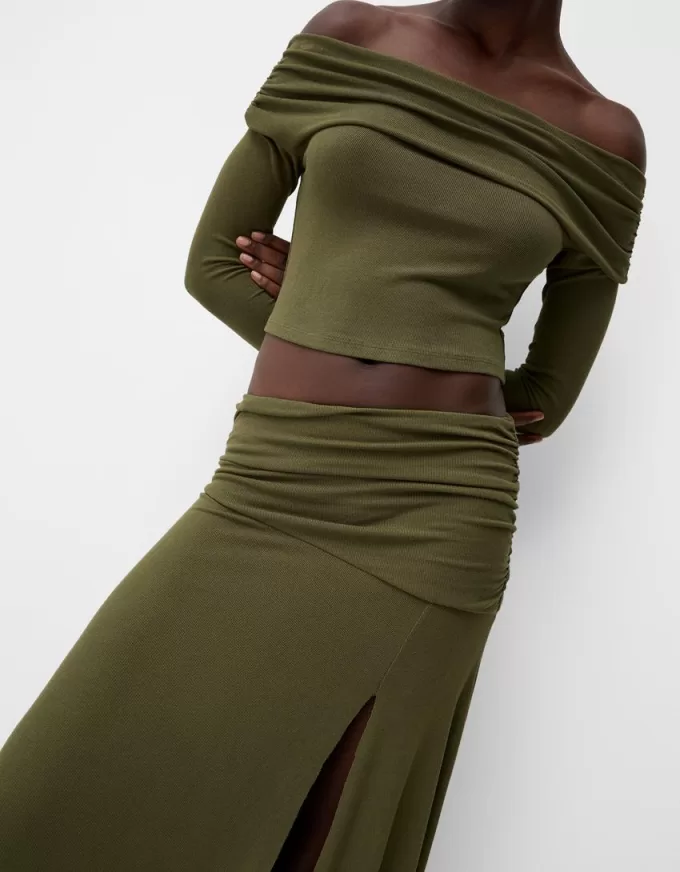 Falda midi de punto grueso Khaki