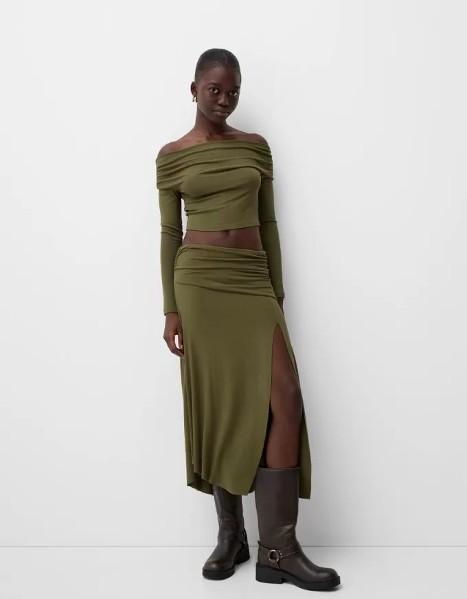Falda midi de punto grueso Khaki