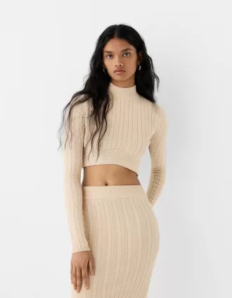 Falda midi de punto trenzado Sand