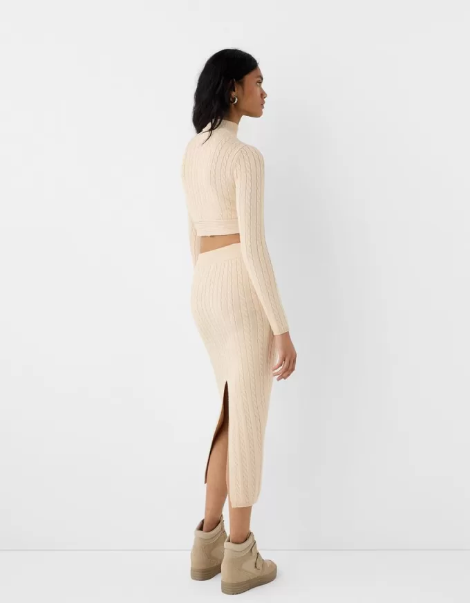 Falda midi de punto trenzado Sand