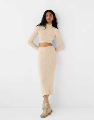 Falda midi de punto trenzado Sand