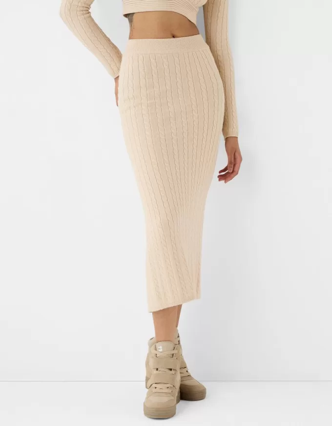 Falda midi de punto trenzado Sand