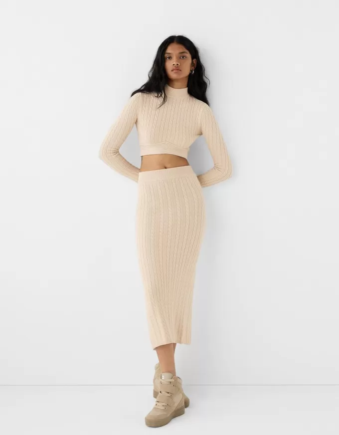 Falda midi de punto trenzado Sand