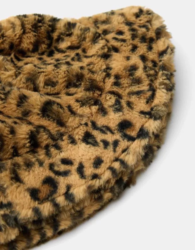 Gorro tipo pescador pelo sintético animal print Brown