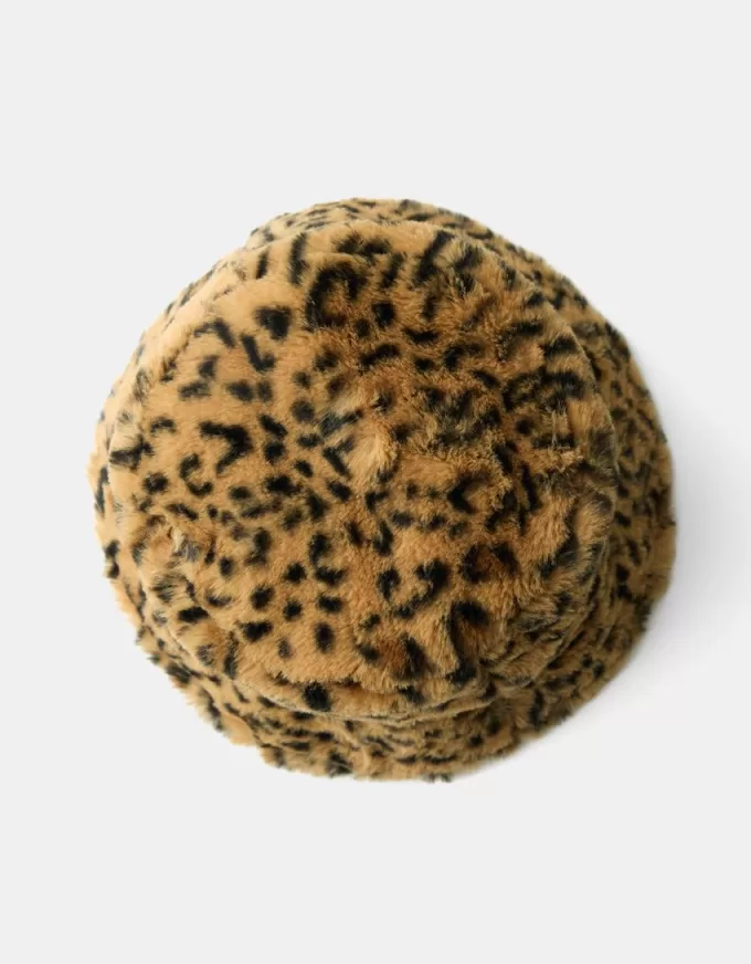 Gorro tipo pescador pelo sintético animal print Brown