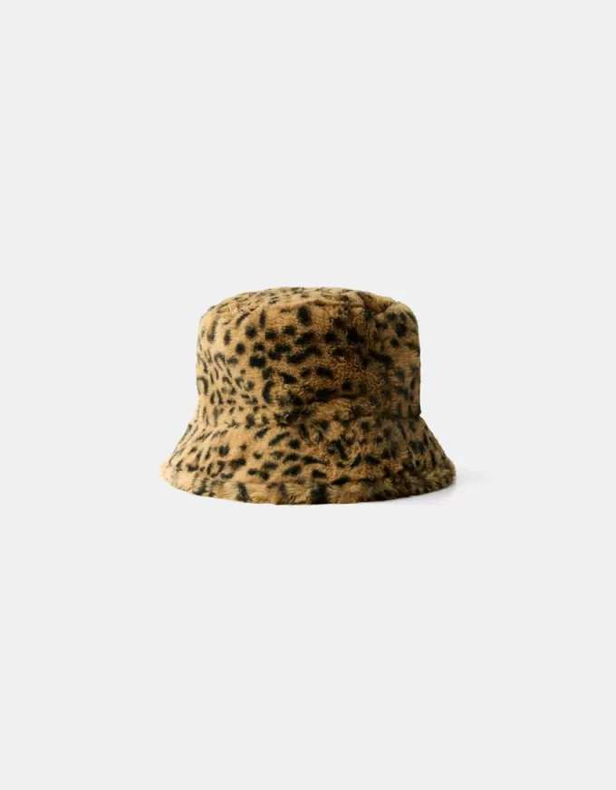 Gorro tipo pescador pelo sintético animal print Brown