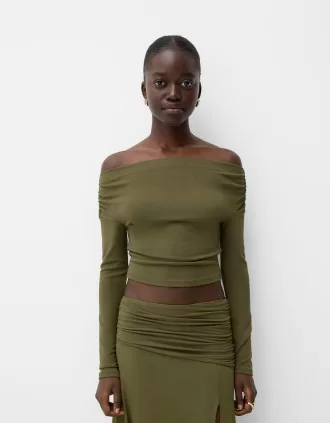 Jersey Bardot fruncido Khaki
