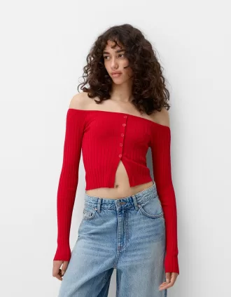 Jersey abierto con botones y escote Bardot Red